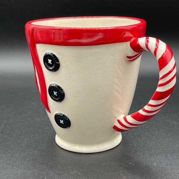 Vintage Hallmark Coffee Tea Cocoa Snowman Mug Candy Cane Handle Buttons Scarf - Picture 2 of 8